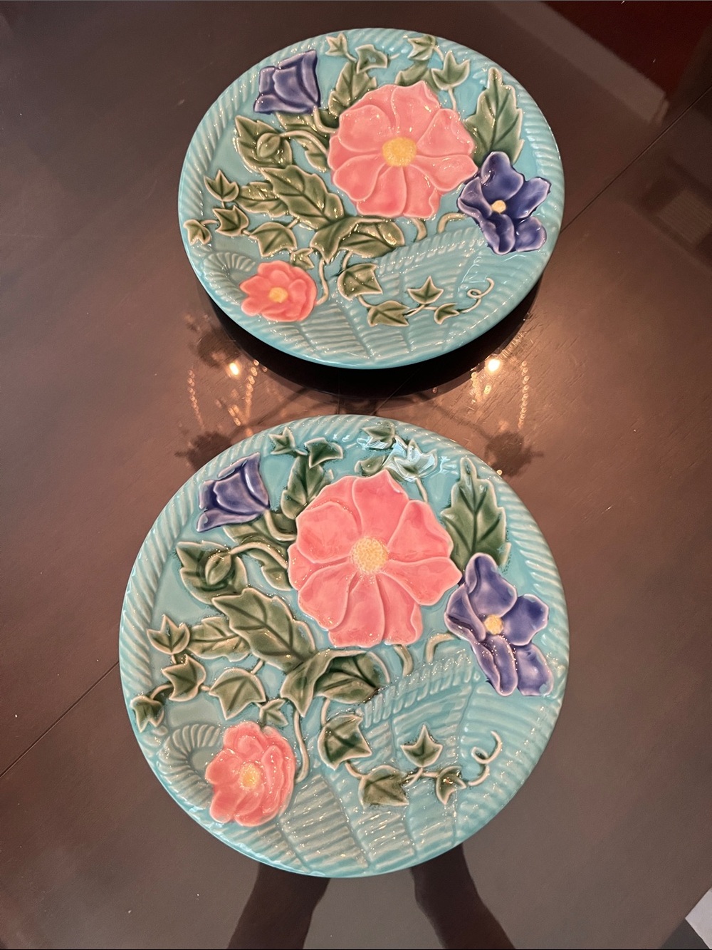2 Bordallo Pinheiro Ceramic 7.5”Plates Floral Relief on Teal Background